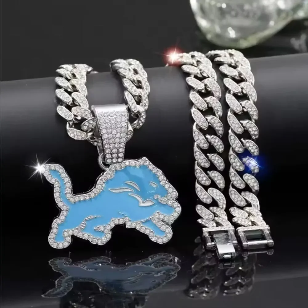 Detroit Lions Hip Hop Iced out Silver Cuban Chain Necklace